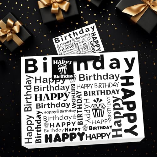 Image of JMANNI Large Happy Birthday Gift Bag with Tissue Papers and Greeting Card,Portable Paper Gift Bags with Handles,White and Black Present Bags for Women Men Birthday Party Supplies13 x 10.2 inch x 4.7 inch