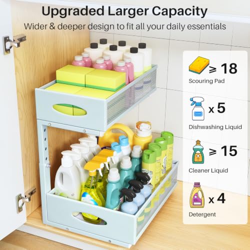 Image of Under Sink Organizer, 2 Tier Pull Out Under Cabinet Organizer Shelf with Pad for Framed Cabinets, Metal Slide Out Under Sink Storage, Mesh Sliding Drawers for Kitchen Bathroom Laundry(Blue, 1 Pack)