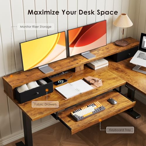 Image of OffiGo 59 Inch L Shaped Electric Standing Desk with Drawers, Rustic Brown