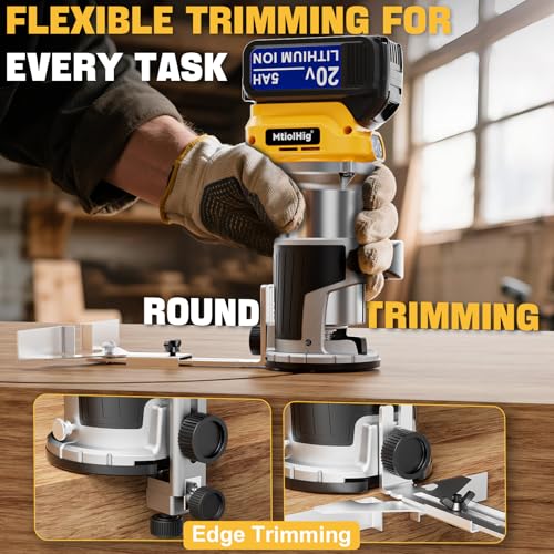Cordless Compact Router Compatible with Dewalt 20V Battery, With 1 x 5.0Ah Rechargeable Battery, 6 Pcs Router Bits for Woodworking, Router With Trim Bits, Edge & Roller Guide