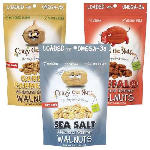 Crazy Go Nuts Savory Sampler Walnuts - Healthy Snacks, Gluten Free, Natural Superfood, Omega 3 Fatty Acids and Antioxidants, Plain with Sea Salt, Garlic Parmesan, and Buffalo - 4.5 oz, 3-Pack