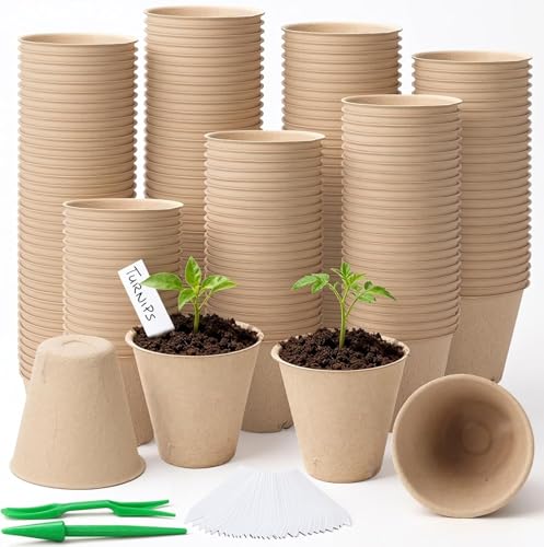 IGKYIVO 100 Stück 6cm Anzuchttöpfe Biologisch Abbaubare Anzucht-Töpfe Pflanztöpfe mit 100pcs Kunststoffetiketten und Umpflanzen Digging Tools Rund Torffrei Aussaattöpfe für Pflanzen