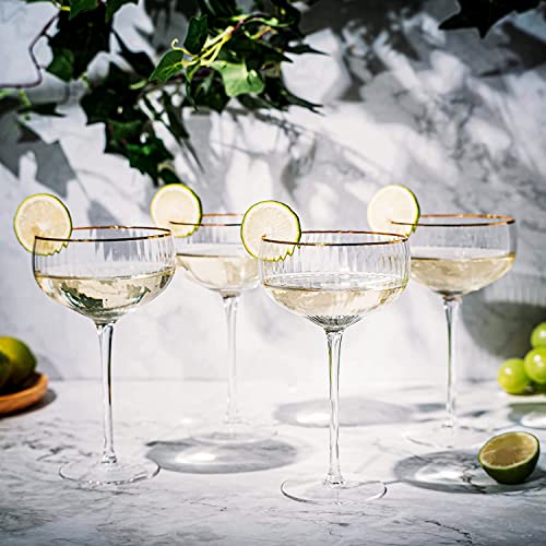 Gold Rim Coupe Glasses 11 Oz, Set Of 4 Classic Manhattan Glasses - Martini, Cocktails, Champagne, Wine & Water, Coupes Gilded Rimed, Crystal Stemmed, Short Stem Sets Perfect For Drinking Champagne #TOP2