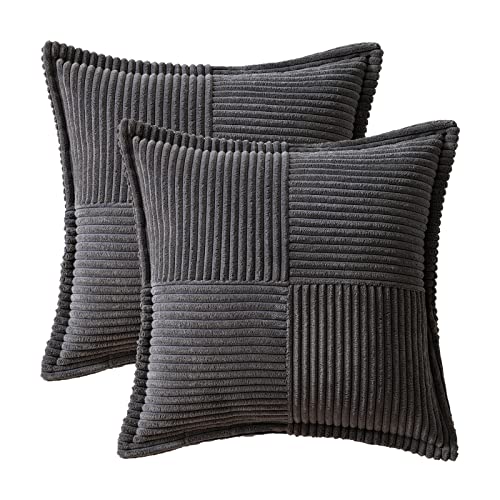 Image of MIULEE Decorative Throw Pillow Covers for Couch Bed Livingroom 20x20 Inch Set of 2 Dark Grey Boho Accent Throw Pllows Broadside Striped Patchwork Soft Corduroy Pillowcases