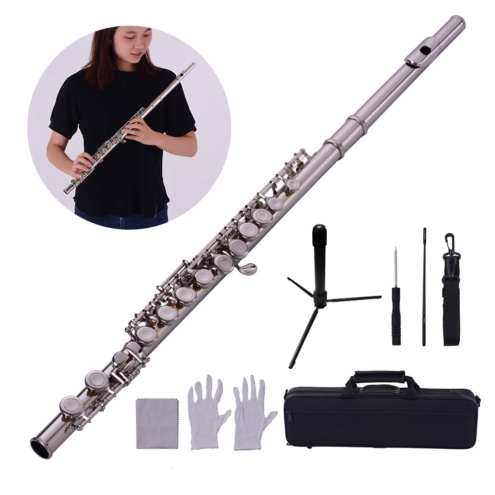 Flauta 16 Agujeros Tono C, Instrumento Viento Metal Plata con Soporte Estuche, Flauta Plata para Principiantes Músicos Estudiantes Práctica Concierto
