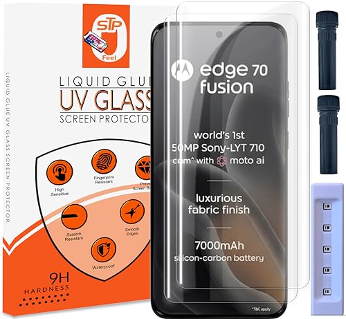 Image of STP FEEL Advanced UV Tempered Glass Screen Protector Guard Compatible For Motorola Edge 70 Fusion 5G (6.78 Inch, Pack of 2) Full Adhesive UV Curved Case Friendly HD Clarity with easy installation kit