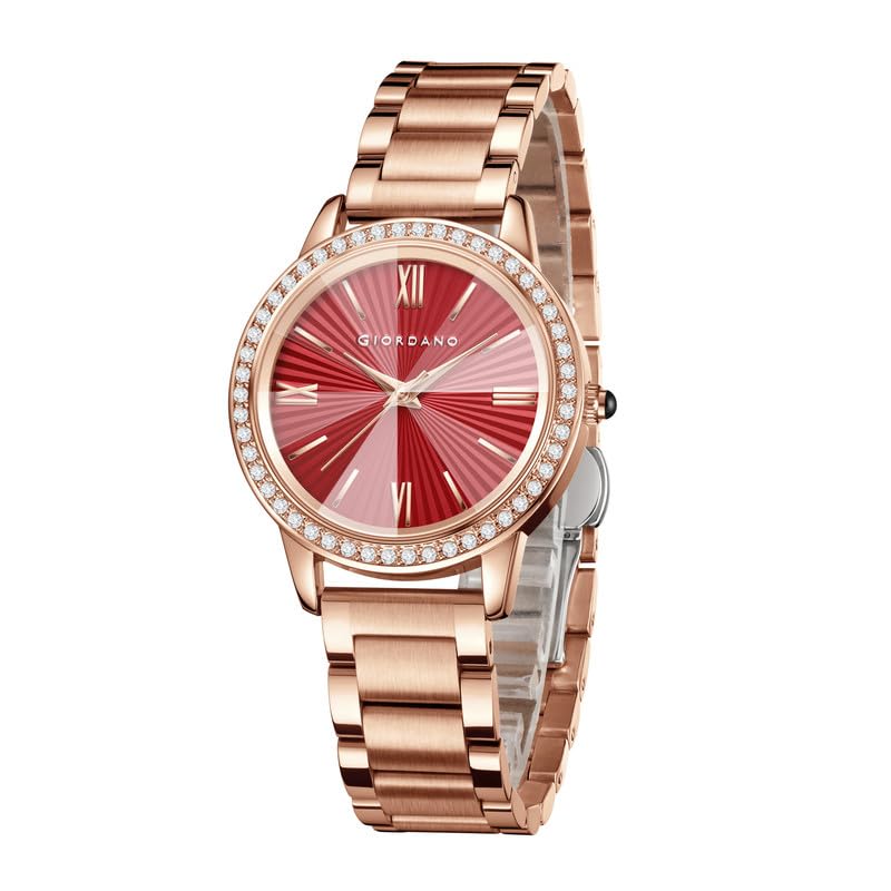 Image of Giordano Analog Watch for Women with Sunray Round Dial, Crystal Studded Bezel, Roman Numerals Markers, Quartz Movement and Rose Gold Stainless Steel Strap - GZ-60118