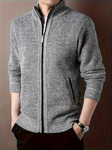 Mens Sweater Cardigan Full Zip Knitted Long Sleeve Sweaters Men Workout Outfits (US, Alpha, Small, Regular, Regular, Light Grey)3