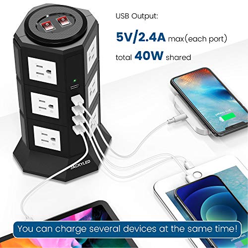 Surge Protector Power Strip Tower Jackyled 12 Ac Outlets 3000W 15A And 5 Usb Slots 8A Desktop Smart Charging Station Multiple Protection With Heavy Duty 6.5Ft 14 Awg Extension Cord For Home #TOP1