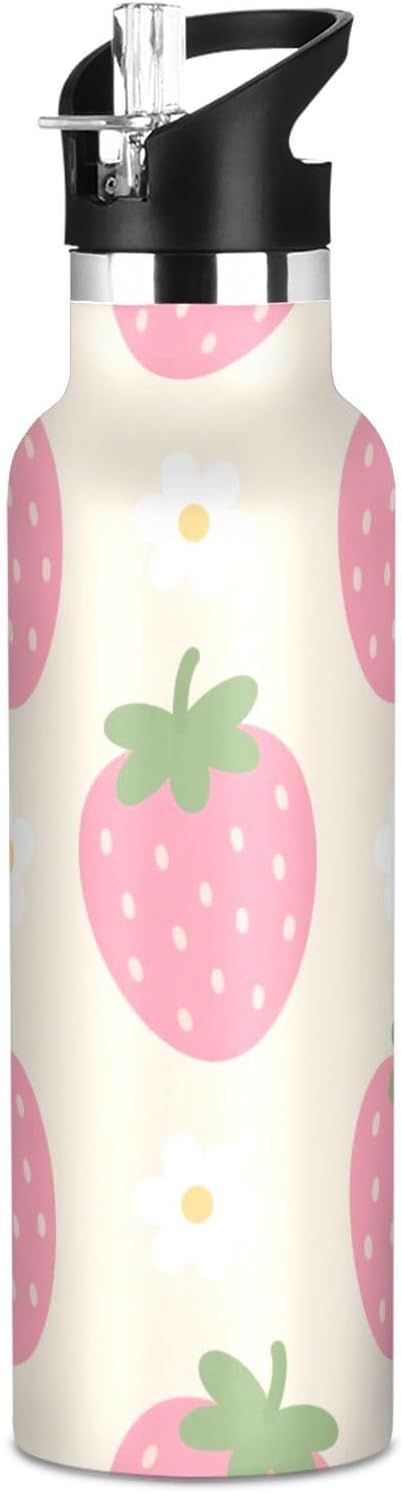 Linda botella de agua de gimnasio de dibujos animados con diseño de flor de fresa, a prueba de fugas, sin BPA, con pajilla, para bicicleta caliente