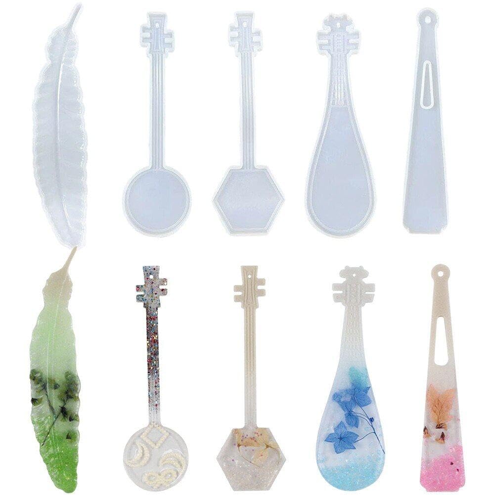 Lpitoy As Shown 5Pcs Silicone Bookmark Resin Moulds Musical Instrument Feathers Bookmark Moulds Epoxy Silicone Mold Diy Craft Silicone Transparent Mold