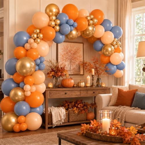 Image of Burnt Orange and Blue Fall Balloons, Retro Dusty Blue Orange Nude Balloon | Metallic Light Gold Thanksgiving Balloons for Boho Autumn Harvest Market Baby Shower Here Comes the Son Party Decorations