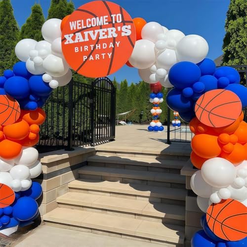 Image of Blue and Orange Balloon Arch Garland Kit, 121PCS Dark Royal Blue and Orange White Balloons with Spikes Balloon for College High School Class of 2026 Graduation Birthday Basketball Party Decorations