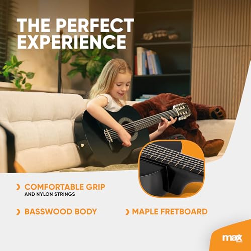Image of MAX SoloArt Junior 3 /4 Classical Acoustic Guitar Kit for Kids (Ages 6-12 Years) | Sleek Black Basswood Body Includes Gig Bag, Guitar Strap, Extra Strings & Picks | Designed & Engineered in Netherlands
