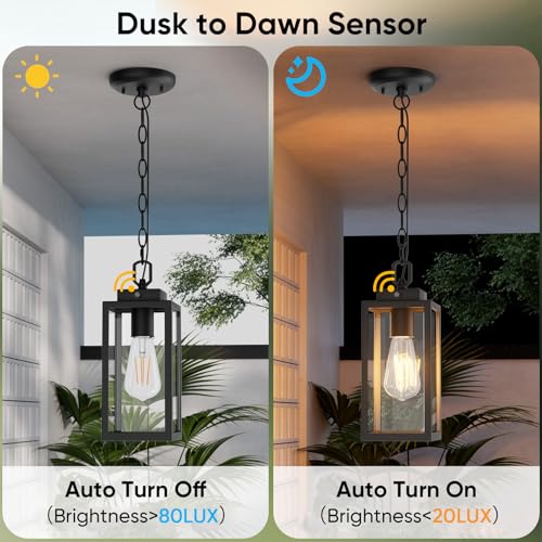 Aoceley Dusk to Dawn Outdoor Pendant Light, Modern 1-Light Outdoor Hanging Lantern, Matte Black Aluminum with Clear Glass, Exterior Pendant Lighting Fixture for Porch by Aoceley - Used condition - Image 2