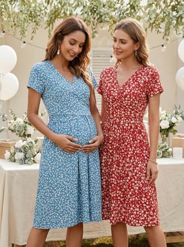 Image of OUGES Maternity Nursing Dress Breastfeeding Short Sleeve V Neck Casual Pregnancy Clothes with Pockets