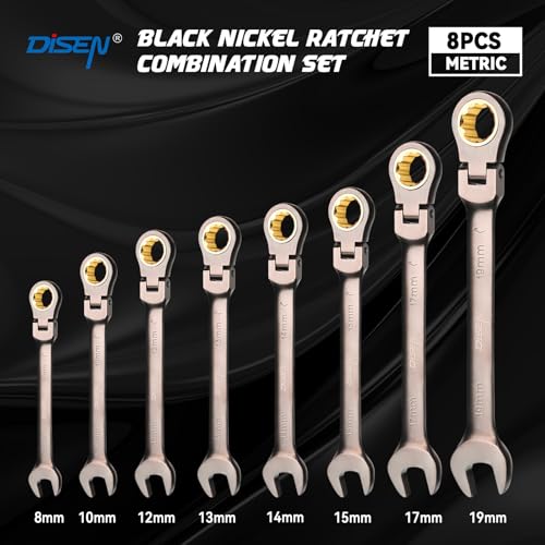 Image of DISEN 90 Teeth Ratchet Wrenches Set 8 Pieces, Flex Head Ratcheting Wrench Set Metric 8 10 12 13 14 15 17 19MM, Nickel Plating Cr-V Constructed with Organizer Rack