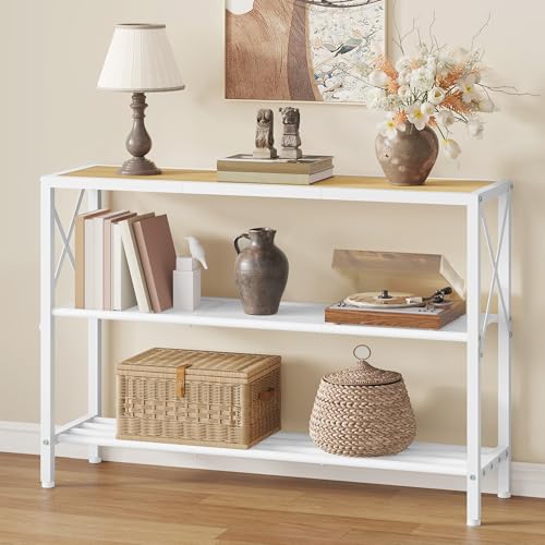 Image of Hoctieon Industrial Console Table, 3 Tier Entryway Tables, Hallway Desk, Narrow Sofa Tables with Shelves, Entrance Table for Entryway, Living Room, Foyer, Hallway, Office, Oak Beige