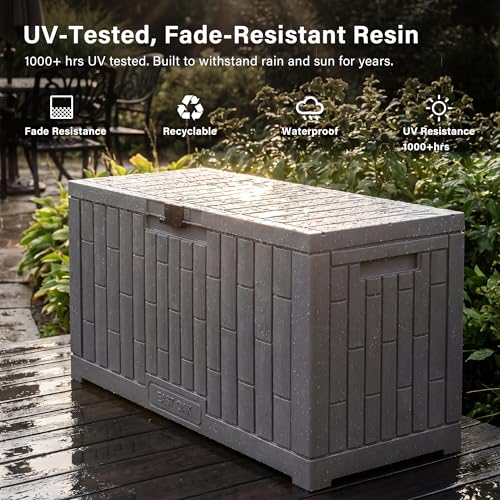 Image of EAST OAK Outdoor Storage Box, 80 Gallon Deck Box, Waterproof Resin Storage Bin for Patio Cushions, Gardening Tools, Lockable, UV Resistant, Grey