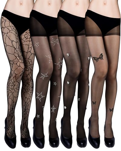 Coume 4 Pack Y2k Star Rhinestone Tights Kawaii Heart Butterfly Spiderweb Tights Black Pantyhose Gothic Stockings for Women