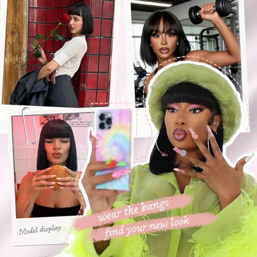 Image of Bob Human Hair Wig With Bangs Wear and Go Glueless Wig 180% Density