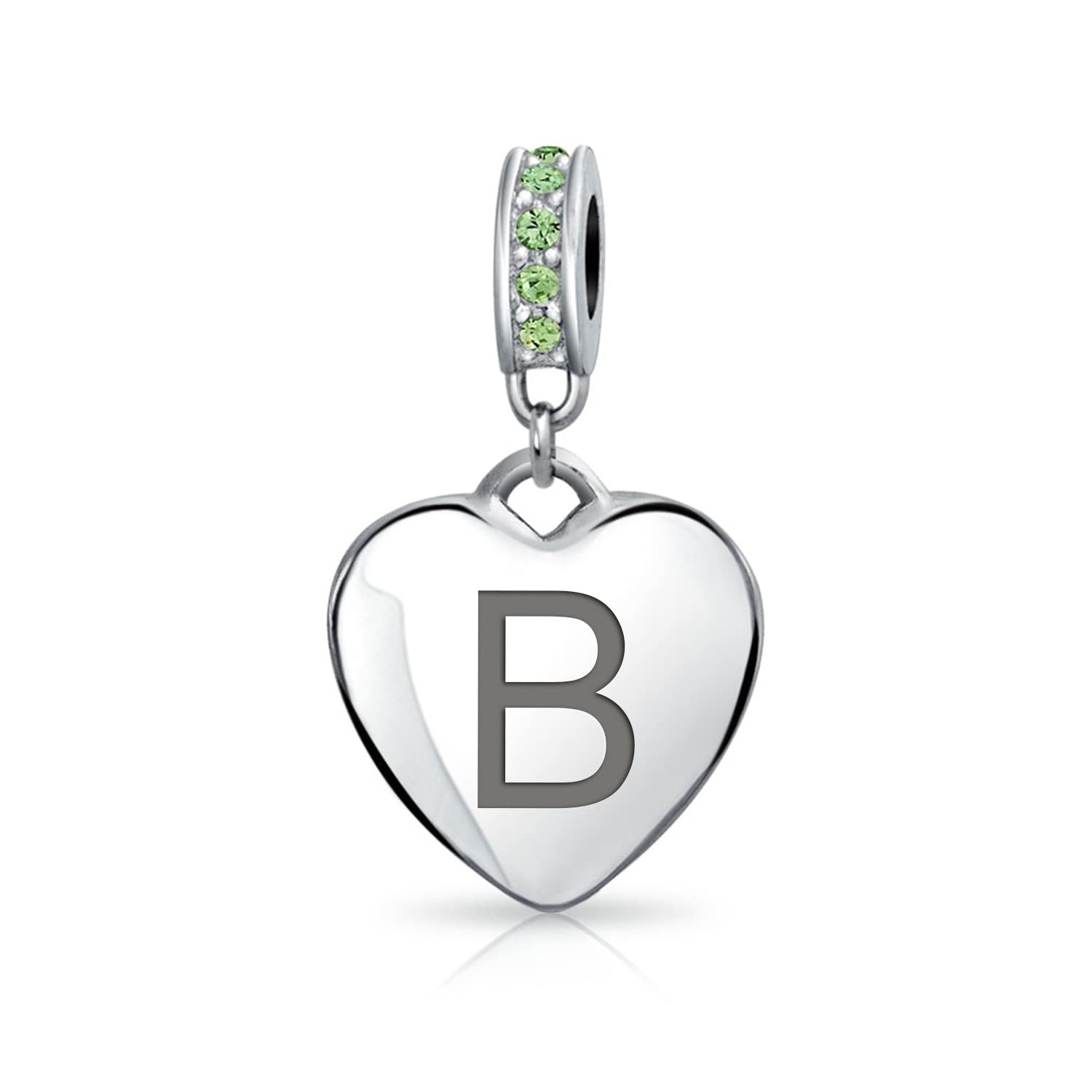 Bling JewelryEngravable A-Z Monogram LIGHT GREEN Crystal Accent Bale Dangle Heart Shaped Alphabet Initial Charm Bead For Women Teen .925 Sterling Silver European Bracelet Simulated Emerald Birthstone Customizable