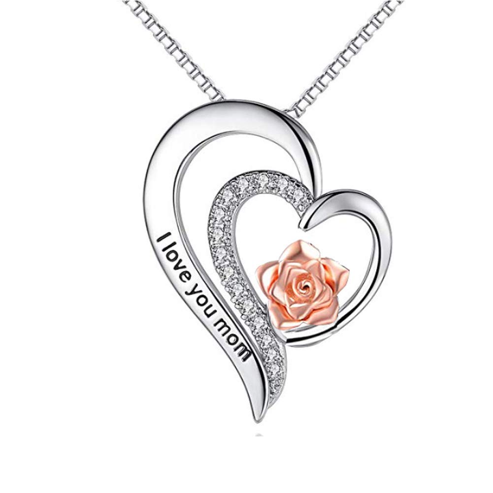 HN Love You Mom Heart Pendant Rose Flower Necklace Sterling Silver Jewelry for Mom Women