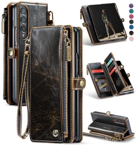 Defencase Wallet Case Compatible with Samsung Galaxy Z Fold 4 with RFID Blocking Card Holder & S Pen Holder Slot PU Leather Magnetic Snap Flip Zipper Strap Phone Case Fit for Galaxy Z Fold 4 Coffee