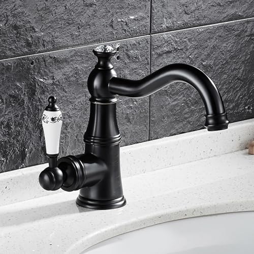 Robinet mitigeur de lavabo de salle de bains rétro noir en laiton eau chaude froide monotrou