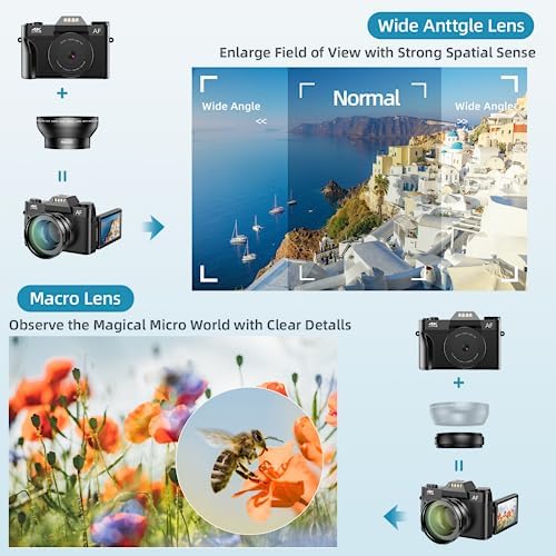 Digital Camera, Autofocus 4K 48MP Compact Camera with 32GB SD Card Wide-angle Lens, Compact Digital Camera with 16X Digital Zoom 3.0 Inch Display, Cameras for Photography Beginners (2 Battery)