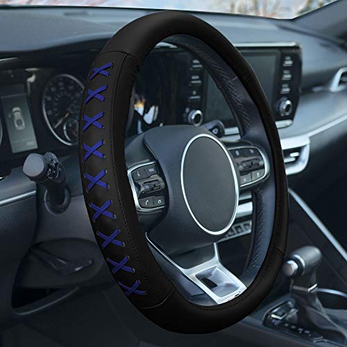 Image of FH Group 15 Inch Genuine Leather with Lace-Up Detailing Steering Wheel Cover fits Most Cars, SUVs Blue