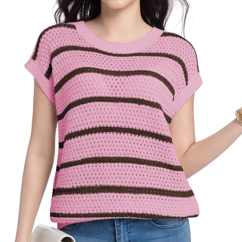 Womens Sweater Vest Round Neck Striped Short Sleeve Sweater Tops Casual Trendy Spring Fall Clothes Large Pink+brown Stripe