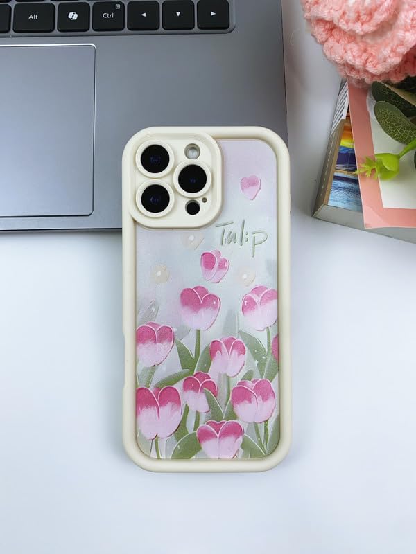 Image of COVERLY Tulip Flower Back Case Cover for iPhone 12 Pro | Hot 3D Floral Pink Cute Design | Camera Lens Protection | Soft TPU Silicone Fashion Aesthetic Print Cover for Girls & Women (Beige, Shockproof)