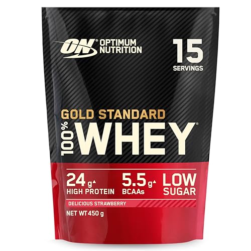 Optimum Nutrition Gold Standard 100% Whey Muscle Building and Recovery Protein Powder With Naturally Occurring Glutamine and BCAA Amino Acids, Delicious Strawberry Flavour, 15 Servings, 450 g