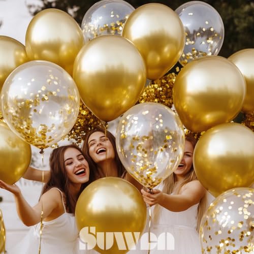 Image of SUWEN Metallic Gold and Confetti Balloons Set 47PCS Latex Helium Chrome
