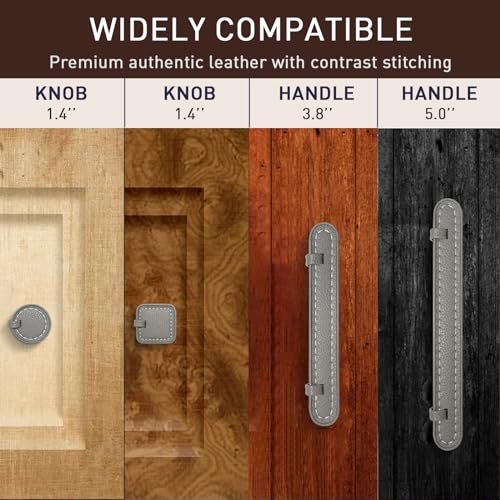 Image of 6 Pack Leather Cabinet Knobs Hand-Stitch Grey Square Drawer Pulls for Cabinets Cupboard Dressers Drawers Bedroom Brown