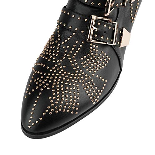Arqa Women's Studded Ankle Boots Leather Multiple Buckle Chunky Heel Booties Almond Toe Zipper Punk Boot3
