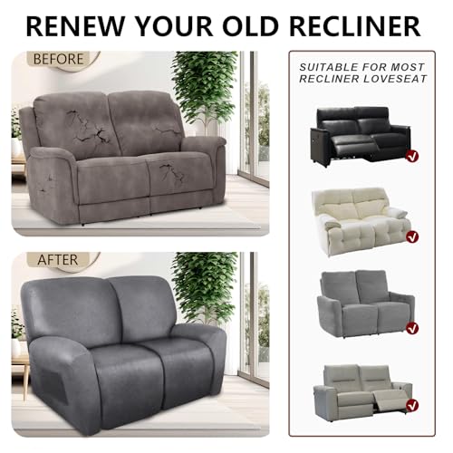 Image of ANARACHON Loveseat Recliner Cover Leather Look Recliner Loveseat Covers Recliner Sofa Cover for 2 Seater Reclining Couch Spandex Fabric Washable 6 Pieces (2 Seater, 01 Light Grey)