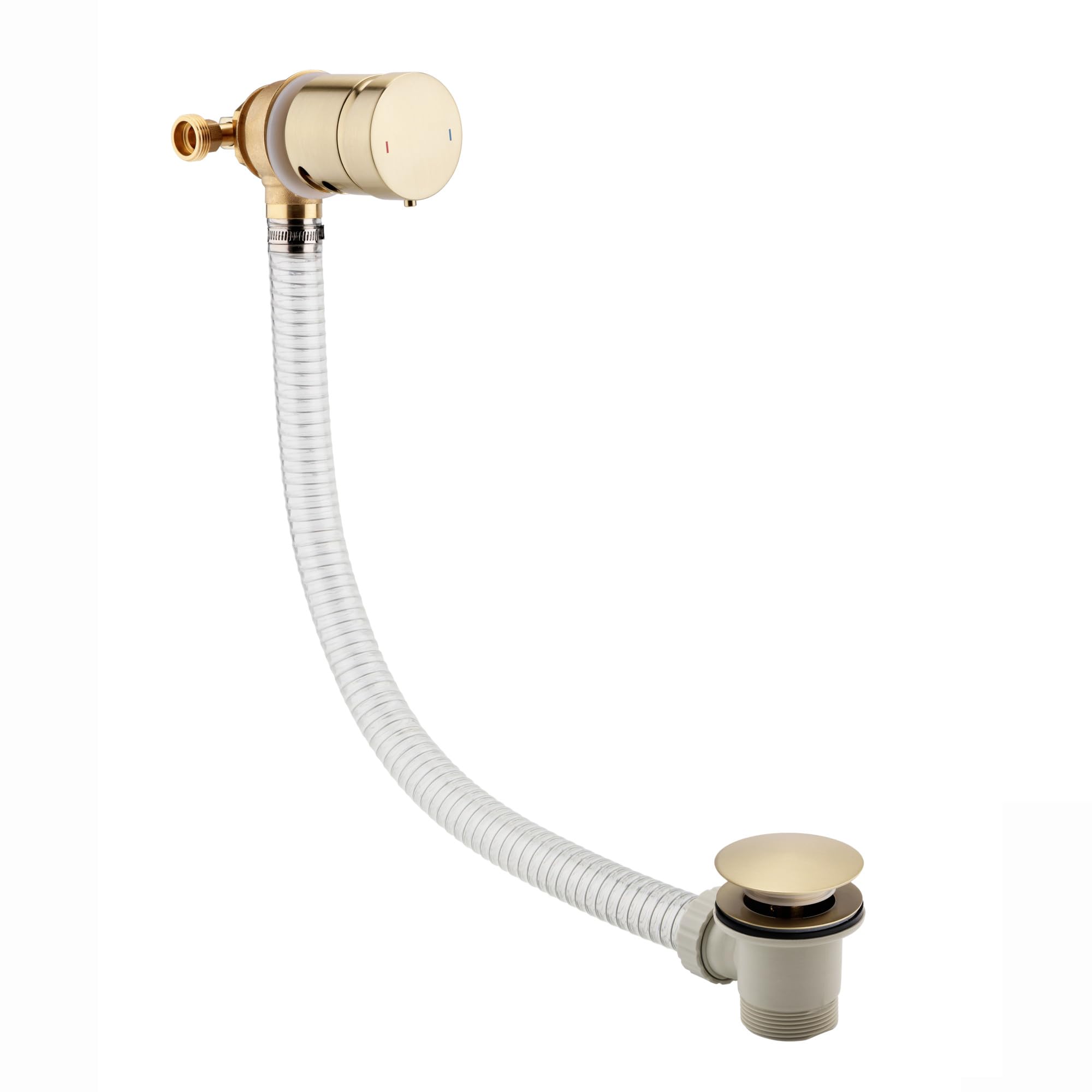 Enki Brushed Brass W92, Bath Filler Waste And Overflow, Bath Filler Mixer Tap, Temperature Control And Clicker Waste, Click Clack,