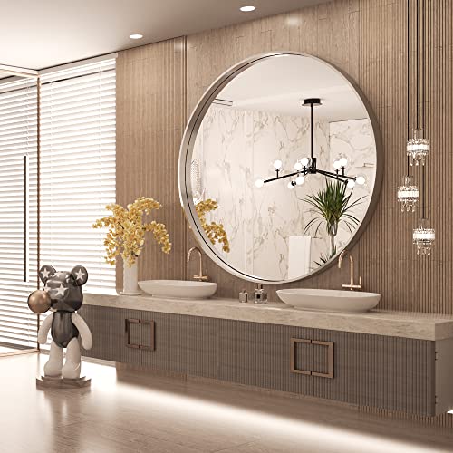 Tokeshimi Round Mirror 36 Inch Brushed Silver Round Bathroom Mirror For Wall Non-Rusting Aluminum Alloy Brushed Silver Matte Metal Frame Modern Circle Mirror Fit In Minimalist Multi Style Home Decor #TOP7