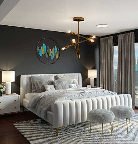 Image of iHandikart Modern Circular Metal Wall Art | 23x23 Inch Round Leaves Sculpture | Gold, Blue, & Black Framed Decor for Living Room, Bedroom, and Office