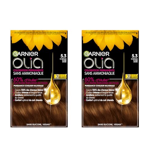 Garnier Huile de couleur permanente sans ammoniaque avec des huiles de fleurs d'origine naturelle à action éclairante et nutritive, couleur 5,3 marron doré - 2 paquets