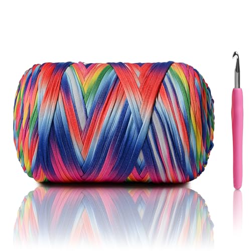 Image of 800G(228YDS) Tshirt Yarn for Crocheting,Chunky T-Shirt Yarn for Beginner Crochet Bags,Baskets,Coasters,Shoes,Clothes,DIY Crafts, Elastic Fabric Thick Hand Knitting Crochet Yarns (Rainbow)