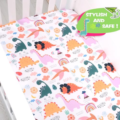 Image of JISEN Baby Crib Sheet 1 Piece Portable Fitted Crib Sheet for Standard Crib and Toddler Mattresses Nursery Bed Decor for Boys Girls 28x52 Inch Multicolor Dinosaurs