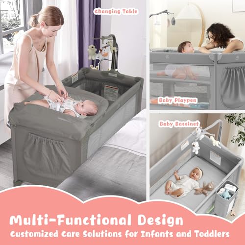 Image of 4 in 1 Pack and Play with Changing Table Diaper Organizer & Mattress, Foldable Baby Bassinet Bedside Sleeper, Portable Large Travel Crib Playpen for Newborn to Toddles (Grey)
