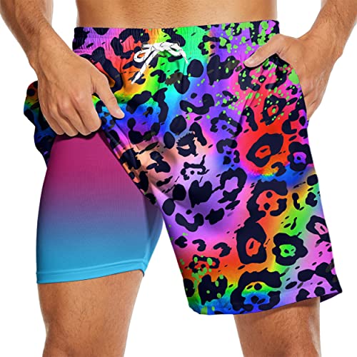 Neon Mens Swim Trunks with Compression Liner Leopard Swim Trunks Men Board Shorts Men's Swimsuit 7 Inch Inseam