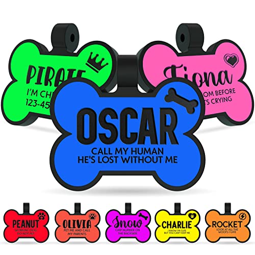 Silent Dog Tags Engraved For Pets, Double Sided - Personalized Soundless Durable Silicone Pet Tags For Dogs With Custom Name, Icon And Design - No More Jingling - Bone Shape #TOP30