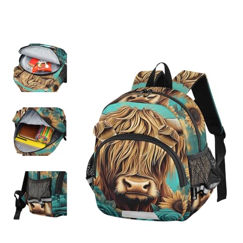 Kid's Backpack for Boys & Girls Toddler Bag Highland Cow Butterfly Rose Backpack with Safety Leash4