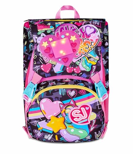 SJ GANG STYLE JAM GANG Zaino Scuola Estensibile Big, Fucsia, Zaino con Divisorio Interno, Tasca Superiore con LED Cuore, Tasca per Borraccia, 24 L, Zaino Scuola Elementare, Zaino Bambina