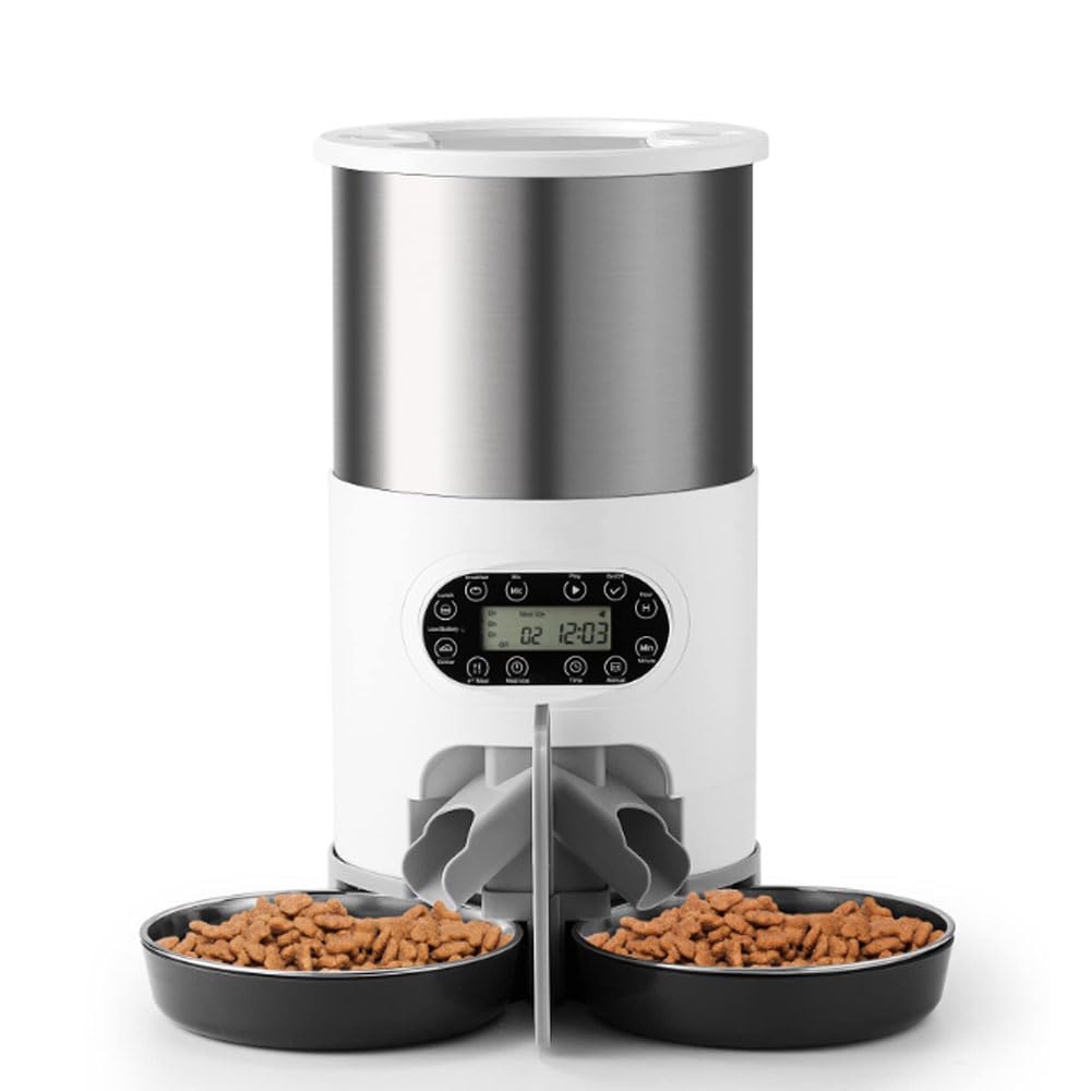 ZTBGY Comedero automático para gatos de 4,5 l, apto para gatos y perros pequeños, con divisor bidireccional y cuenco doble, con control de volumen, batería y fuente de alimentación enchufable